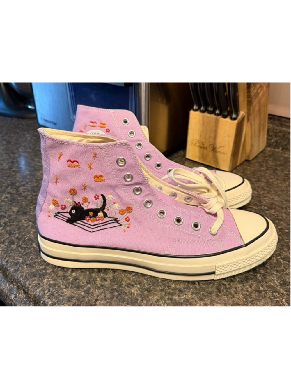 New Lilac Embroidered Cat Converse Hi-Top Sneakers